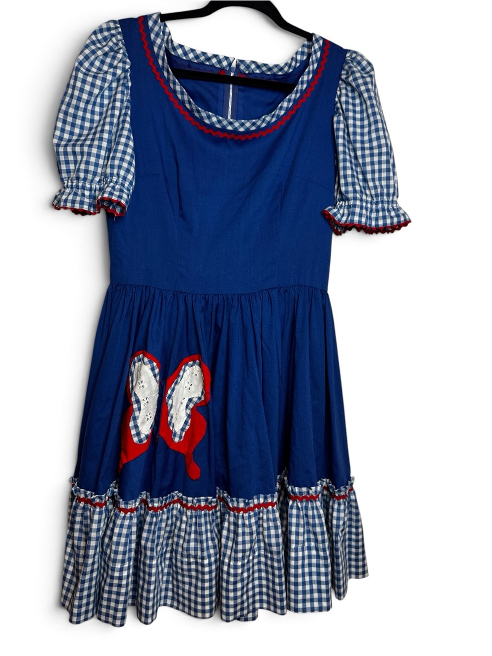 Vintage Dress Womens Blue Gingham Prairie Puff Sleeve Ric Rac Applique Midi